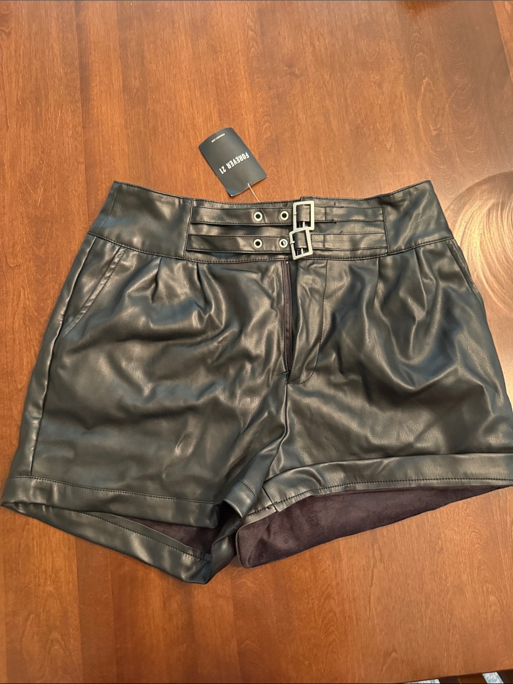 Forever 21 Black Faux Leather High-Waist Shorts with Double Buckles